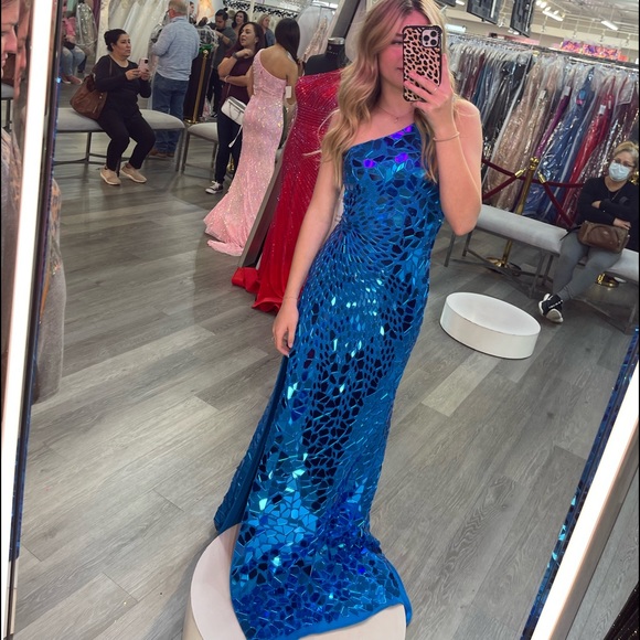 blue glass prom dress